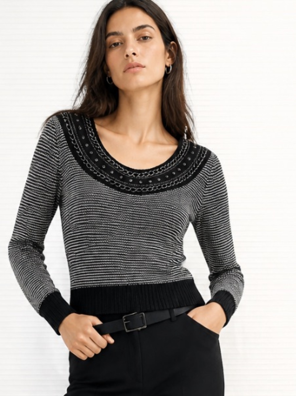 TOPSHOP Sweater Pullover Embellished Chain Scoop Striped Metal